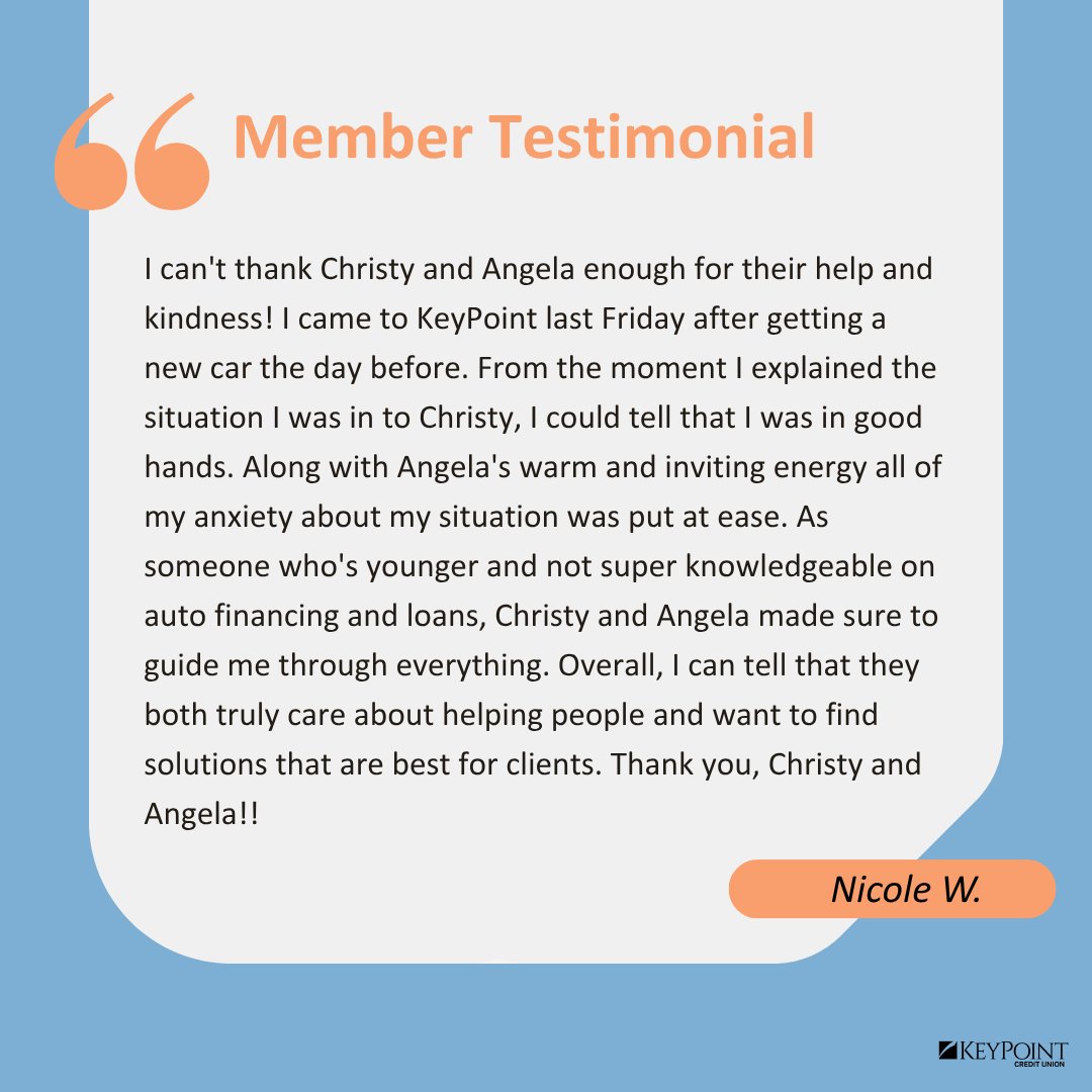 KeyPointCU's tweet image. We take the time to assist our Members through all stages of life, including starting out with your first auto loan, so you can ride off in your new car with ease! A great job to our Dublin branch for assisting this member with their brand new ride! #KeyPointCreditUnion #kpcu