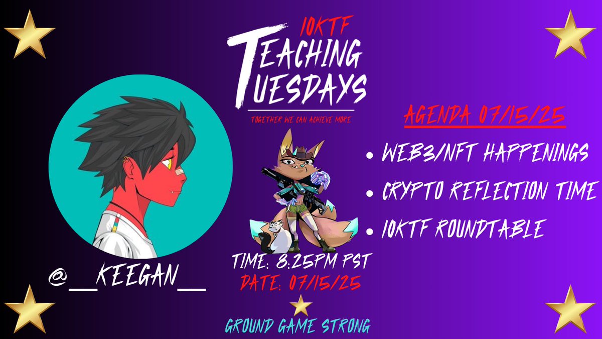Stop in this week for another 10KTF Teaching Tuesdays⭐️

Tonight: Crypto Reflection Time

x.com/i/spaces/1RDGl…
Link to spaces above 👆👆👆