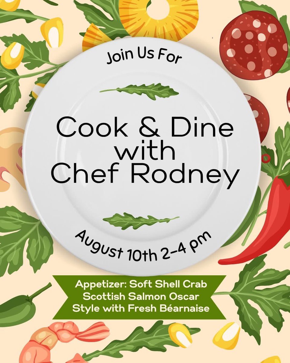 StudioBleubird's tweet image. Get ready for a fun and flavorful afternoon at The Bleubird on Sunday, August 10th at 2 PM! Join us for a culinary experience with Chef Rodney.
👨‍🍳 Watch and learn as Chef Rodney prepares the main course live: Scottish salmon Oscar style with fresh béarnaise
#cookingclass