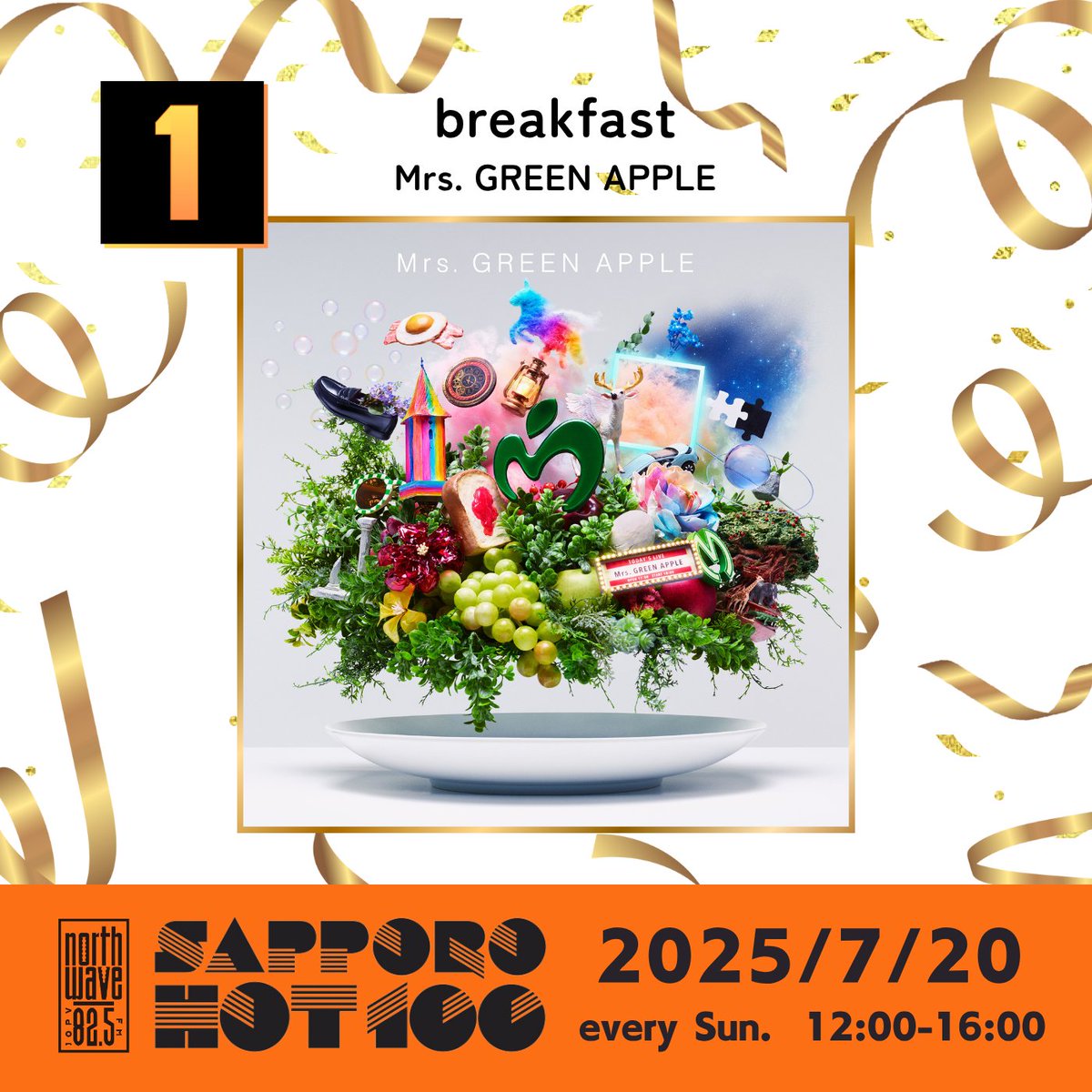 SAPPORO HOT 100 @FM NORTH WAVE (@sapporo_hot_100) on Twitter photo 🏆━━━━━━━━━━
#SAPPOROHOT100
by FM NORTH WAVE
━━━━━━━━━━🏆
今週のNO.1は…
˗ˏˋ ✨#MrsGREENAPPLE「breakfast」✨ ˎˊ˗
V2達成🎊
▽今週のチャート
bit.ly/hot100_chart
<a href="/AORINGOHUZIN/">Mrs. GREEN APPLE</a>
#ノースウェーブ 🏆━━━━━━━━━━
#SAPPOROHOT100
by FM NORTH WAVE
━━━━━━━━━━🏆
今週のNO.1は…
˗ˏˋ ✨#MrsGREENAPPLE「breakfast」✨ ˎˊ˗
V2達成🎊
▽今週のチャート
bit.ly/hot100_chart
<a href="/AORINGOHUZIN/">Mrs. GREEN APPLE</a>
#ノースウェーブ