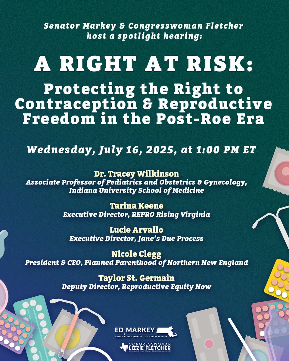 Ed Markey (@senmarkey) on Twitter photo Tomorrow at 1PM ET: <a href="/RepFletcher/">Rep. Lizzie Fletcher</a> and I are hosting a spotlight hearing—A Right at Risk: Protecting Contraception in the Post-Roe Era.
We’ll hear from advocates fighting for reproductive freedom. Join us live. Tomorrow at 1PM ET: <a href="/RepFletcher/">Rep. Lizzie Fletcher</a> and I are hosting a spotlight hearing—A Right at Risk: Protecting Contraception in the Post-Roe Era.
We’ll hear from advocates fighting for reproductive freedom. Join us live.