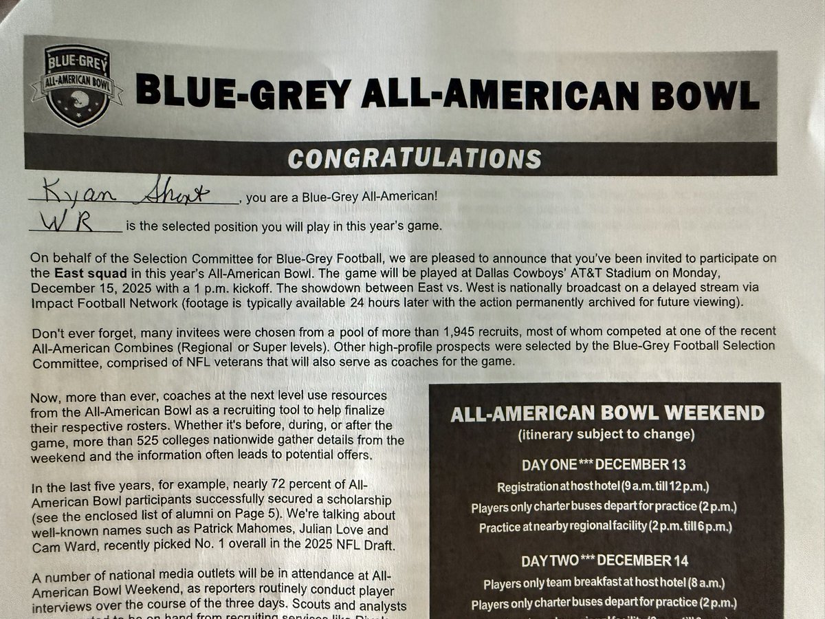 Kyan Short (@kyan_short) on Twitter photo Truly blessed to be selected to participate in the <a href="/BlueGreyFB/">Blue-Grey All-American Bowl</a> Blue-Grey All-American Bowl. Thank you <a href="/SeanCeglinsky/">Sean Ceglinsky</a> for the invitation!
<a href="/EDGYTIM/">Timothy “EDGYTIM” OHalloran</a> <a href="/sixstarfootball/">Six Star Football | PLUS+</a> <a href="/DeepDishFB/">DEEP DISH FOOTBALL</a> <a href="/svdevilsports/">Sesser-Valier Red Devils</a> <a href="/mar_clarry22/">Marcus Clarry</a> <a href="/JadenLance2/">Jaden Lance</a> Truly blessed to be selected to participate in the <a href="/BlueGreyFB/">Blue-Grey All-American Bowl</a> Blue-Grey All-American Bowl. Thank you <a href="/SeanCeglinsky/">Sean Ceglinsky</a> for the invitation!
<a href="/EDGYTIM/">Timothy “EDGYTIM” OHalloran</a> <a href="/sixstarfootball/">Six Star Football | PLUS+</a> <a href="/DeepDishFB/">DEEP DISH FOOTBALL</a> <a href="/svdevilsports/">Sesser-Valier Red Devils</a> <a href="/mar_clarry22/">Marcus Clarry</a> <a href="/JadenLance2/">Jaden Lance</a>