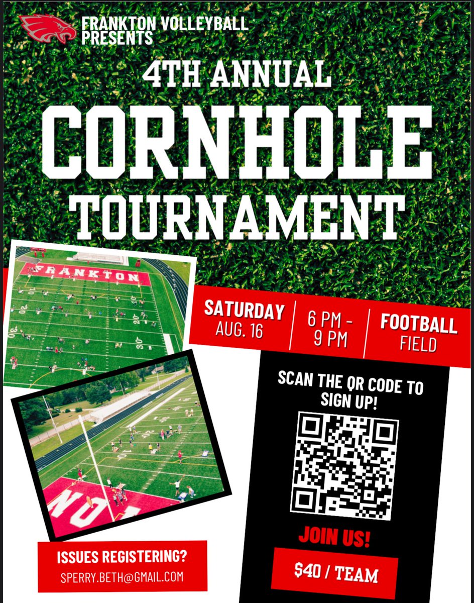 Frankton Volleyball (@fhseagle_vb) on Twitter photo It’s your favorite time of year again! Time for the 4th Annual Frankton Volleyball Cornhole Tournament! There will be themed coolers raffled off, food/drinks, & prizes for the winners & a team costume contest!
Get registered & mark your calendars!
<a href="/FranktonAthleti/">Frankton Athletics</a> It’s your favorite time of year again! Time for the 4th Annual Frankton Volleyball Cornhole Tournament! There will be themed coolers raffled off, food/drinks, & prizes for the winners & a team costume contest!
Get registered & mark your calendars!
<a href="/FranktonAthleti/">Frankton Athletics</a>