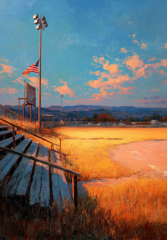 Where the dust remembers every play,
and the bleachers hold echoes of summer cheers—
the golden hour lingers a little longer,
on a field where time once stood still.