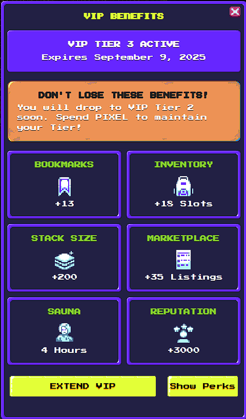 Just hit VIP Tier 3 🥳 <a href="/pixels_online/">Pixels</a>

is it good?
- Anything that improve in-game QoL is always good, aside from the reputation it also lessen your sauna coal timer.

This effectively doubles the coin we can get while only using free energy top it off with extra bookmarks.😅