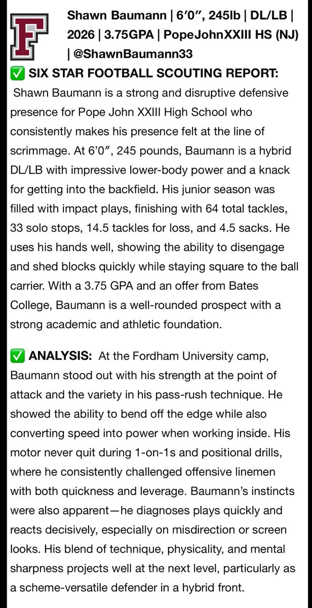 Shawn Baumann (@shawnbaumann33) on Twitter photo Thank you <a href="/sixstarfootball/">Six Star Football | PLUS+</a> for the write up! There is more to come and a great senior season ahead ‼️
<a href="/_CoachBurns/">𝗖𝗢𝗥𝗘𝗬 𝗕𝗨𝗥𝗡𝗦</a> <a href="/ArtAsselta/">Artie Asselta</a> <a href="/Ryangreenhagen1/">Ryan Greenhagen</a> <a href="/PopeJohnLionsFB/">Lions Football</a> <a href="/CoachGaston_/">Dominique Gaston</a> <a href="/_CoachFlo/">Nick Flores</a> <a href="/Coach_KJones/">Kyle Jones</a> <a href="/CoachBraine/">Chadd Braine</a> <a href="/Coach_Suta/">Kyle Suta</a> <a href="/Cats_CoachCoyne/">Coach Coyne</a> <a href="/CoachKotlarz/">Roger Kotlarz</a> <a href="/CoachDrach/">Jonathan Drach</a> <a href="/R_Ehrets/">Ryan Ehrets</a> Thank you <a href="/sixstarfootball/">Six Star Football | PLUS+</a> for the write up! There is more to come and a great senior season ahead ‼️
<a href="/_CoachBurns/">𝗖𝗢𝗥𝗘𝗬 𝗕𝗨𝗥𝗡𝗦</a> <a href="/ArtAsselta/">Artie Asselta</a> <a href="/Ryangreenhagen1/">Ryan Greenhagen</a> <a href="/PopeJohnLionsFB/">Lions Football</a> <a href="/CoachGaston_/">Dominique Gaston</a> <a href="/_CoachFlo/">Nick Flores</a> <a href="/Coach_KJones/">Kyle Jones</a> <a href="/CoachBraine/">Chadd Braine</a> <a href="/Coach_Suta/">Kyle Suta</a> <a href="/Cats_CoachCoyne/">Coach Coyne</a> <a href="/CoachKotlarz/">Roger Kotlarz</a> <a href="/CoachDrach/">Jonathan Drach</a> <a href="/R_Ehrets/">Ryan Ehrets</a>