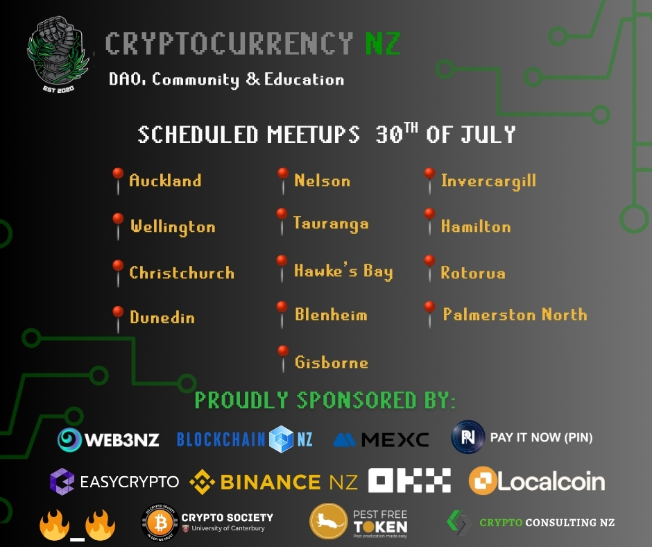 Get ready for the 13 Crypto meetups happening this month all over New Zealand! ⚔️

Join us to network, learn, and chat about all things crypto! Whether you’re a seasoned professional or just starting out, these events offer a great opportunity to connect with like-minded