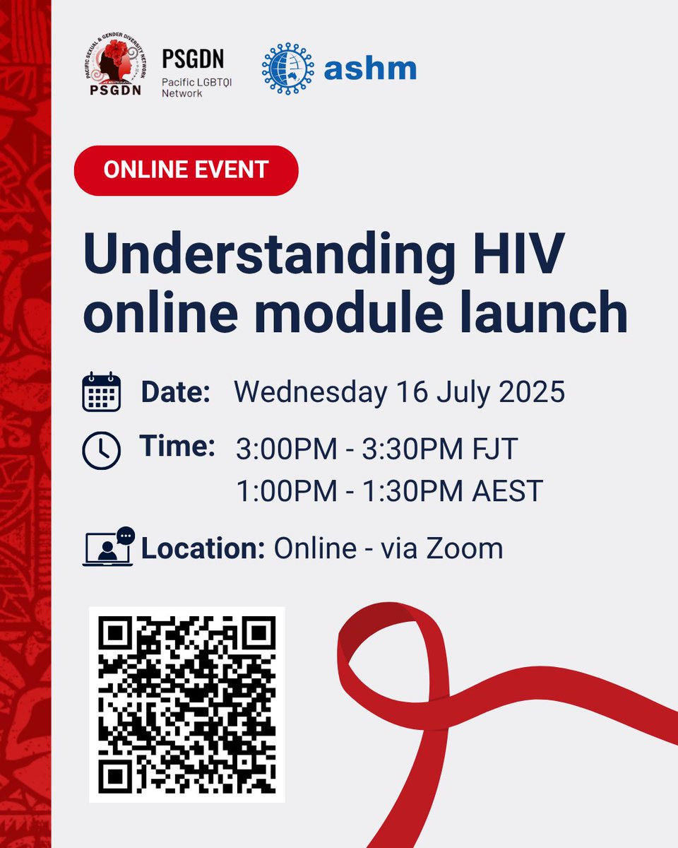 UNDP_Pacific's tweet image. Join Us for the Understanding HIV Online Module Launch, hosted by @PSGDN1 and ASHM, supported by UNDP Pacific Office.
📅 Date: Wednesday, 16 July 2025
⏰ Time: 3:00PM – 3:30PM FJT
📍 Location: Online via Zoom
📝 Register your attendance via Zoom: zurl.co/Qovfd