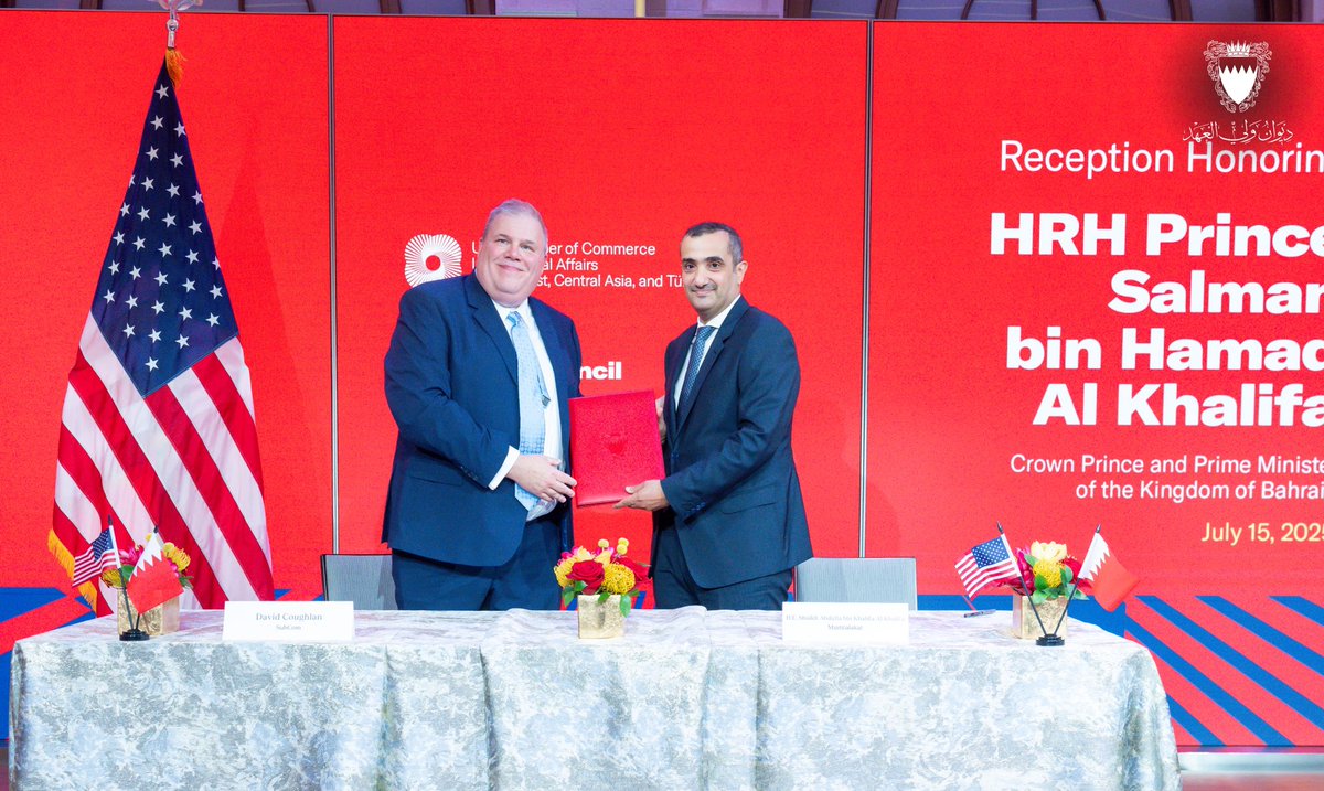 His Royal Highness the Crown Prince and Prime Minister, #Salman_bin_Hamad Al Khalifa, witnesses the announcements and signing ceremony of several agreements between the private sectors of #Bahrain and the #US, valued at an approximate USD 17 billion, as part of His Royal