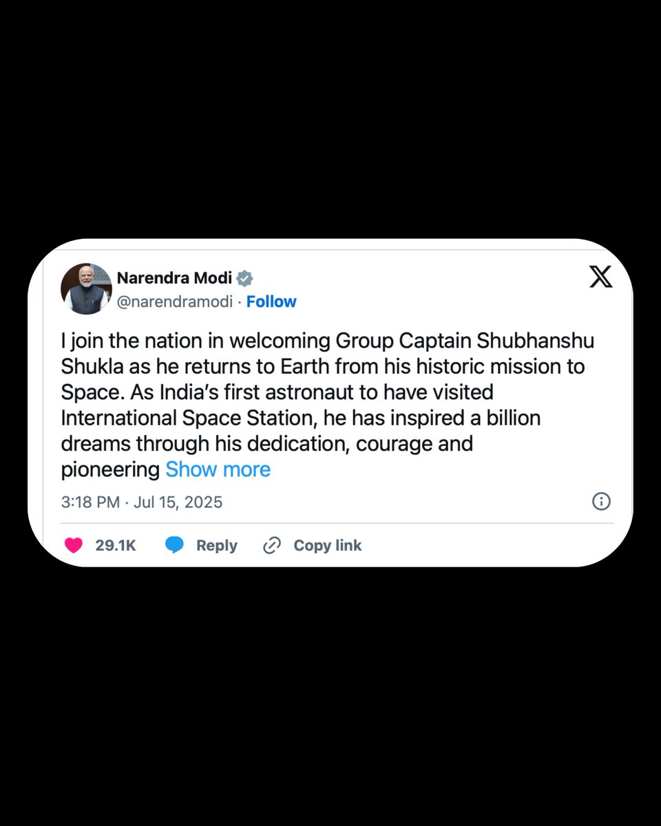 OfficialTeamPs's tweet photo. 🚀 भारत के गौरव शुभांशु शुक्ला जी को सैल्यूट!
देश के पहले अंतरराष्ट्रीय स्पेस स्टेशन विज़िटर ने 18 दिन अंतरिक्ष में बिताकर रचा इतिहास।
आज समुद्र में सफलतापूर्वक लैंडिंग कर लौटे भारत माँ के वीर सपूत। 🙏🇮🇳

जय विज्ञान, जय भारत!
👇 उन्हें बधाई देने के लिए Repost करें और जय  हिंद लिखे।।👇

#ShubhanshuShukla #IndianAstronaut #ISRO #SpaceHero #BharatKaGaurav #MakeInIndia #ViksitBharat #PrashasakSamiti #AatmanirbharBharat

@narendramodi @isro @ISROSpaceflight
@IndiaInSky

Follow @OfficialTeamPs