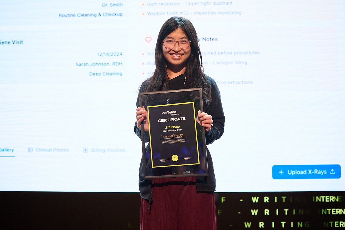 🎉 Congratulations are in order! <a href="/CalabrettaBruno/">Bruno Calabretta</a> of <a href="/dfinity/">DFINITY</a> is on stage now to announce the winners of the non-technical track.

Kicking off the awards, in third place is:

🥉 DentalTracks, which enables you to accumulate all your dental records in one place and keep them