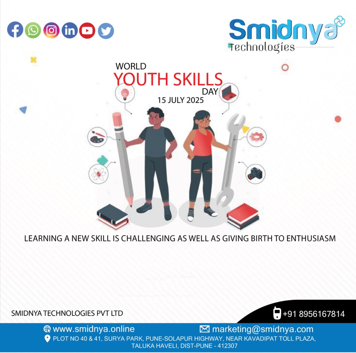 Smidnya11's tweet image. On this World Youth Skills Day, Smidnya Technologies celebrates the power of skills to shape brighter futures. Let’s empower youth with tech, innovation, and opportunities to lead the world of tomorrow.
To know more :zurl.co/h4646 
 #YouthSkillsDay #SmidnyaTech