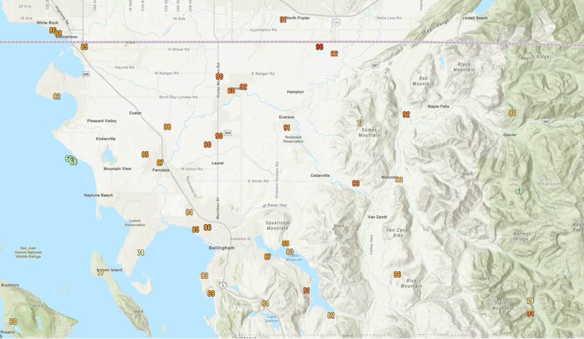 Max temps today show: mid to upper 80s closer to the water and low 90s away from the water. #wawx #whatcomcounty