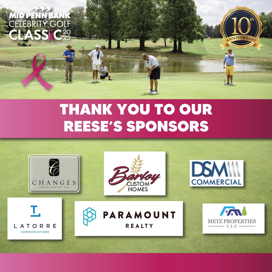 MPBGolfClassic's tweet image. Thank you to our REESE'S sponsors of the 2025 Mid Penn Bank Celebrity Golf Classic⛳!
- Changes Day Spa
- Barley Custom Homes
- LaTorre Communications
- Paramount Realty
- DSM Commercial
- Metz Properties LLC
Thank you for supporting breast cancer charities! 🎀 #midpenn4charity…