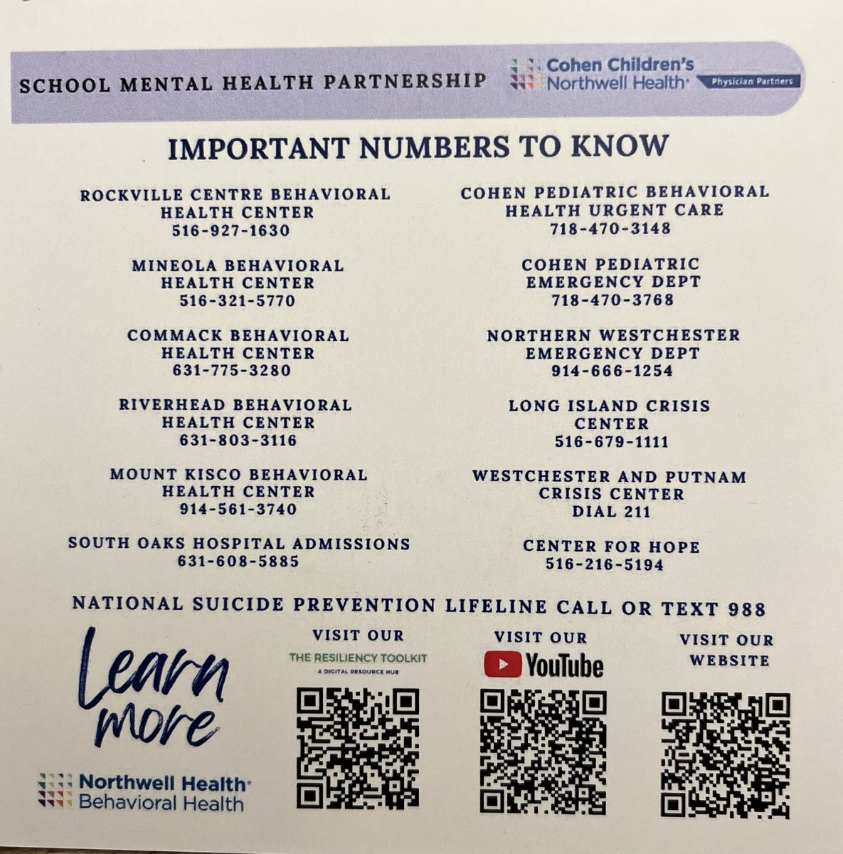 Visited Northwell Behavioral Health in Mt. Kisco, NY. An incredible resource for children, teens, &amp; college students needing mental health support. 

They offer therapy, crisis care, &amp; more in a safe, welcoming space.

If your child or student needs support, start here. 💜