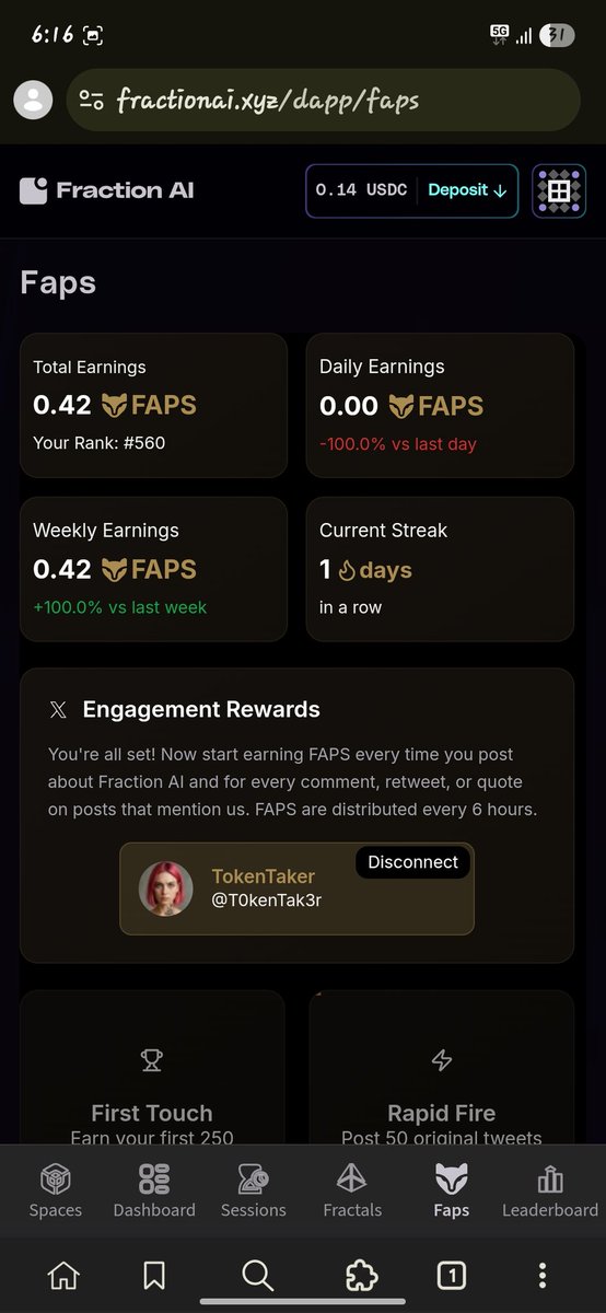 T0kenTak3r's tweet image. From zero followers to earning $FAP...
If I can do it, you can too.
@FractionAI_xyz is the real playground of the future.
No gatekeepers. No BS.
Just rewards for being real.
#Web3Workforce #FractionAI