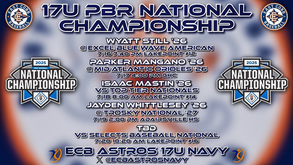 ECB Astros Navy/Frye ⚾️ (@ecbastrosnavy) on Twitter photo 17u PBR National Championship schedule and pitching rotation for our 17u group. There is talent up and down this roster still looking for a home at the next level. Come watch these guys perform in pressure situations as they chase a national title!!
Game 1: <a href="/WyattStill2026/">Wyatt Still</a> 17u PBR National Championship schedule and pitching rotation for our 17u group. There is talent up and down this roster still looking for a home at the next level. Come watch these guys perform in pressure situations as they chase a national title!!
Game 1: <a href="/WyattStill2026/">Wyatt Still</a>