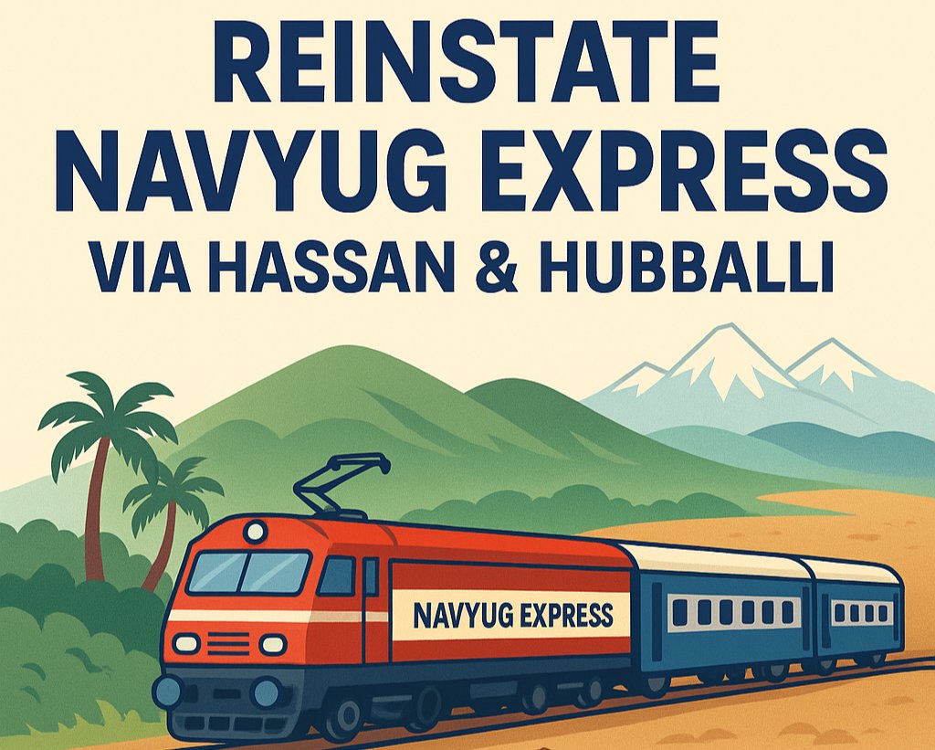 Karnataka Rail Users (@karailway) on Twitter photo Request <a href="/AshwiniVaishnaw/">Ashwini Vaishnaw</a> <a href="/RailMinIndia/">Ministry of Railways</a> <a href="/VSOMANNA_BJP/">V. Somanna</a> <a href="/GMSRailway/">Southern Railway</a> to reinstate 16687/88 Navyug Express via Hassan & Hubballi
We earnestly appeal for the reinstatement of the Navyug Express (Mangaluru – Shri Mata Vaishno Devi Katra), which has remained cancelled since the COVID-19 Request <a href="/AshwiniVaishnaw/">Ashwini Vaishnaw</a> <a href="/RailMinIndia/">Ministry of Railways</a> <a href="/VSOMANNA_BJP/">V. Somanna</a> <a href="/GMSRailway/">Southern Railway</a> to reinstate 16687/88 Navyug Express via Hassan & Hubballi
We earnestly appeal for the reinstatement of the Navyug Express (Mangaluru – Shri Mata Vaishno Devi Katra), which has remained cancelled since the COVID-19