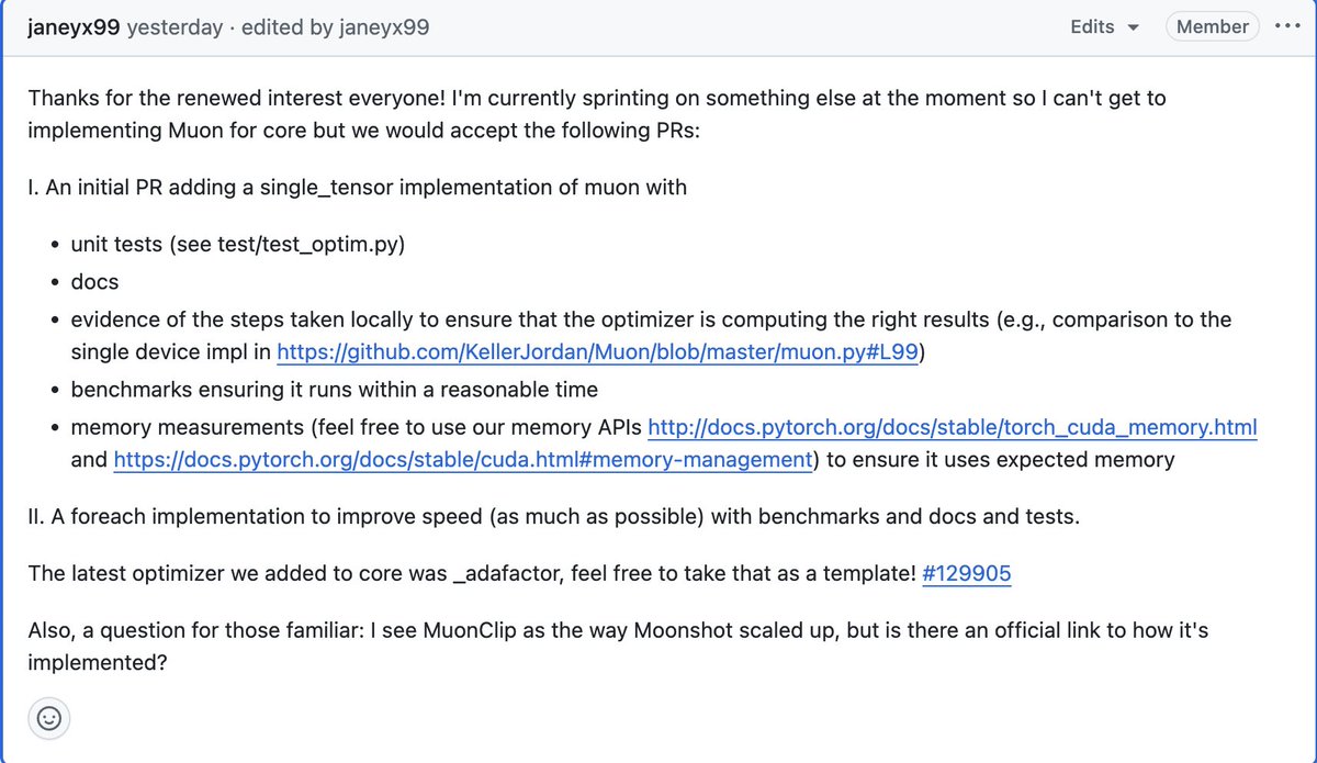 soumithchintala's tweet image. considering Muon is so popular and validated at scale, we've just decided to welcome a PR for it in PyTorch core by default.
If anyone wants to take a crack at it...
github.com/pytorch/pytorc…