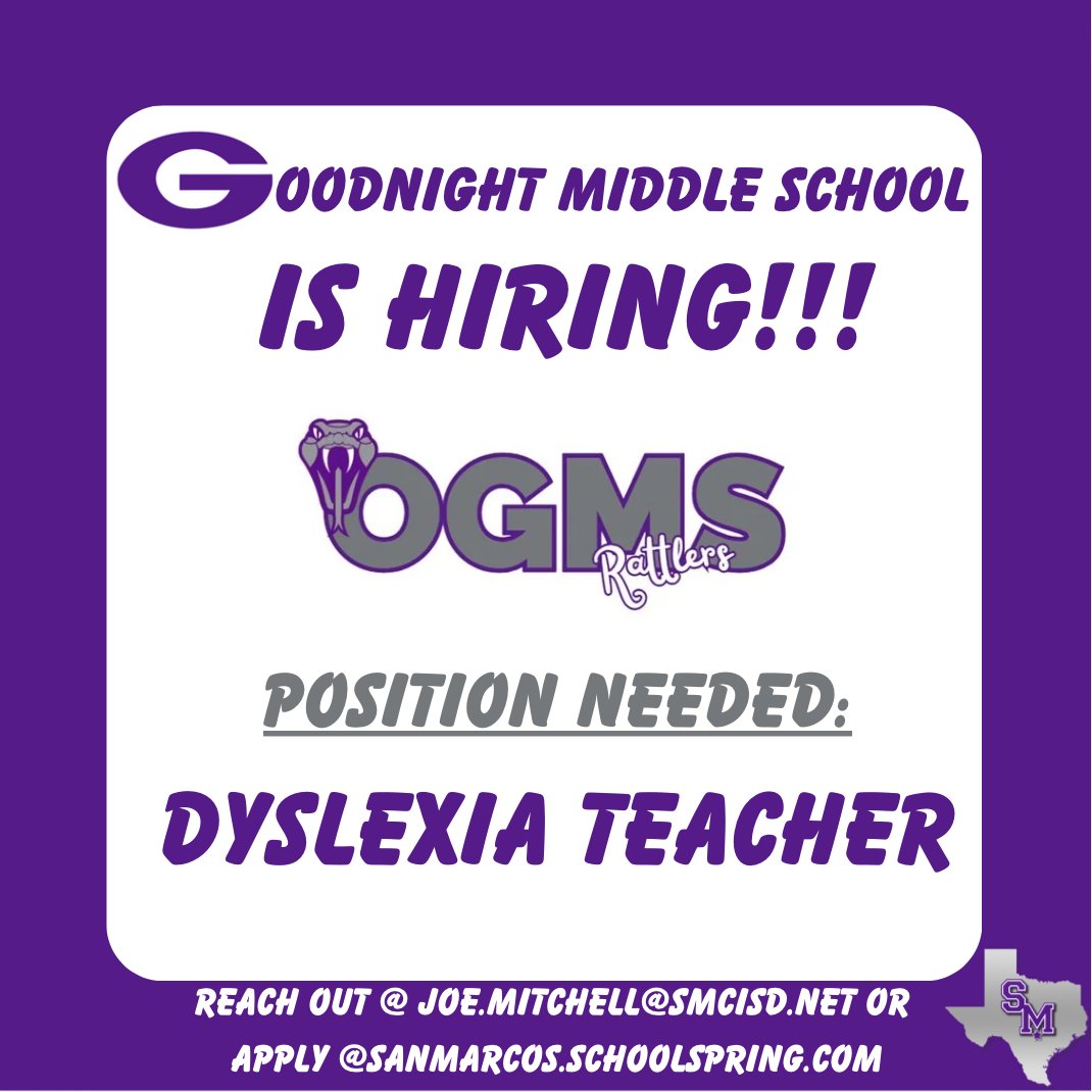 Joe Mitchell (@mrjoegmitchell) on Twitter photo Almost there!!! Just need one more spot to fill to complete this awesome team!!! Spread the word. Send any interested educators my way!!! #wearegoodnight
#NowHiring <a href="/SanMarcosCISD/">San Marcos CISD</a> <a href="/GoodnightSMCISD/">Goodnight Middle School</a> Almost there!!! Just need one more spot to fill to complete this awesome team!!! Spread the word. Send any interested educators my way!!! #wearegoodnight
#NowHiring <a href="/SanMarcosCISD/">San Marcos CISD</a> <a href="/GoodnightSMCISD/">Goodnight Middle School</a>