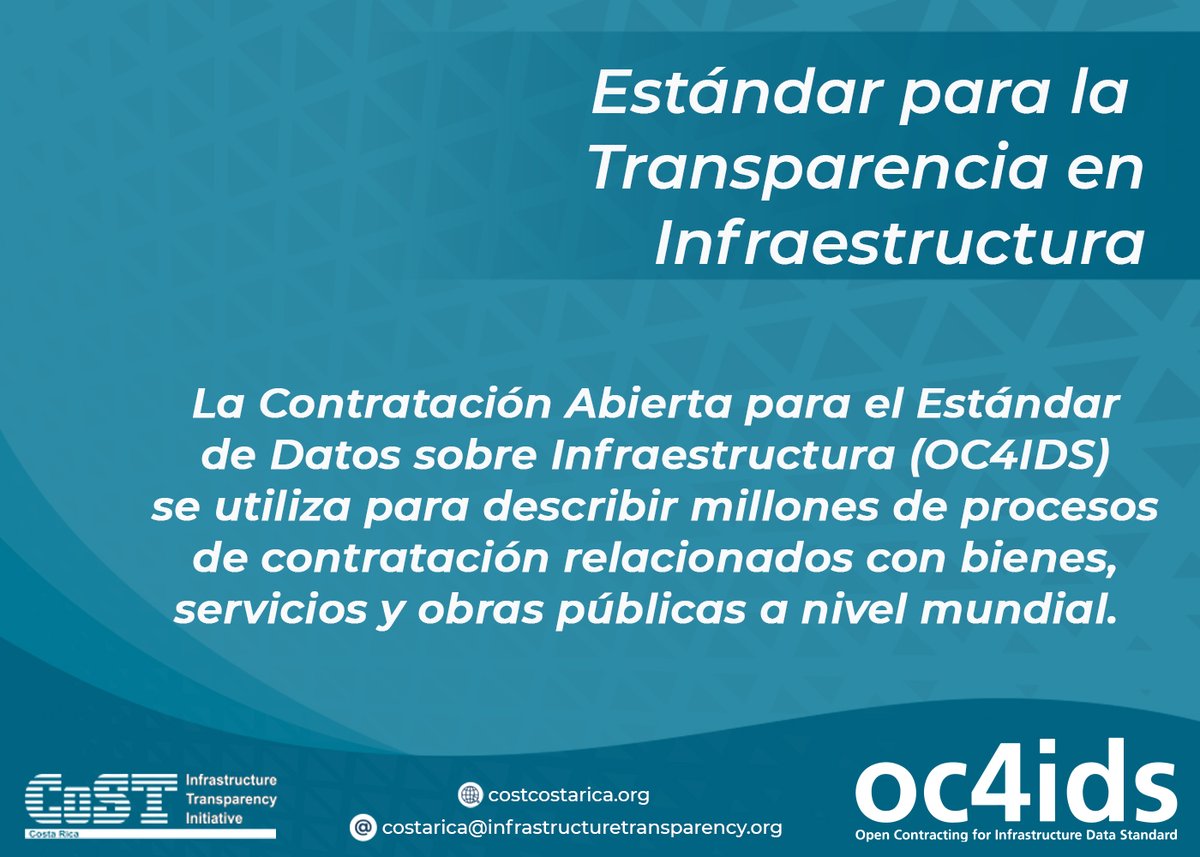 Nuestra  iniciativa CoST Costa Rica actualmente también trabaja, en una plataforma digital que busca fortalecer la transparencia en la gestión de la infraestructura pública a través de la implementación del estándar de datos OC4IDS.
Conozca más en costcostarica.org