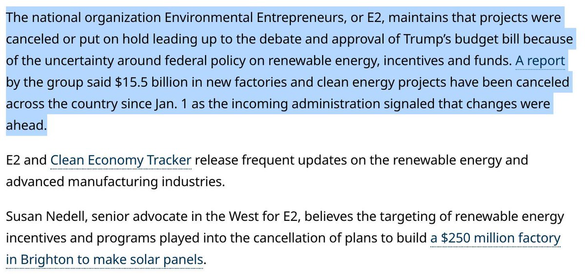 Congress’ megabill is already killing clean energy jobs—like a $250M solar panel plant in Colorado that would’ve hired 900+.

“We’ll see more cancellations of big projects, more jobs lost… less investment in solar and wind due to the uncertainty.”
on.e2.org/3ItxSUW