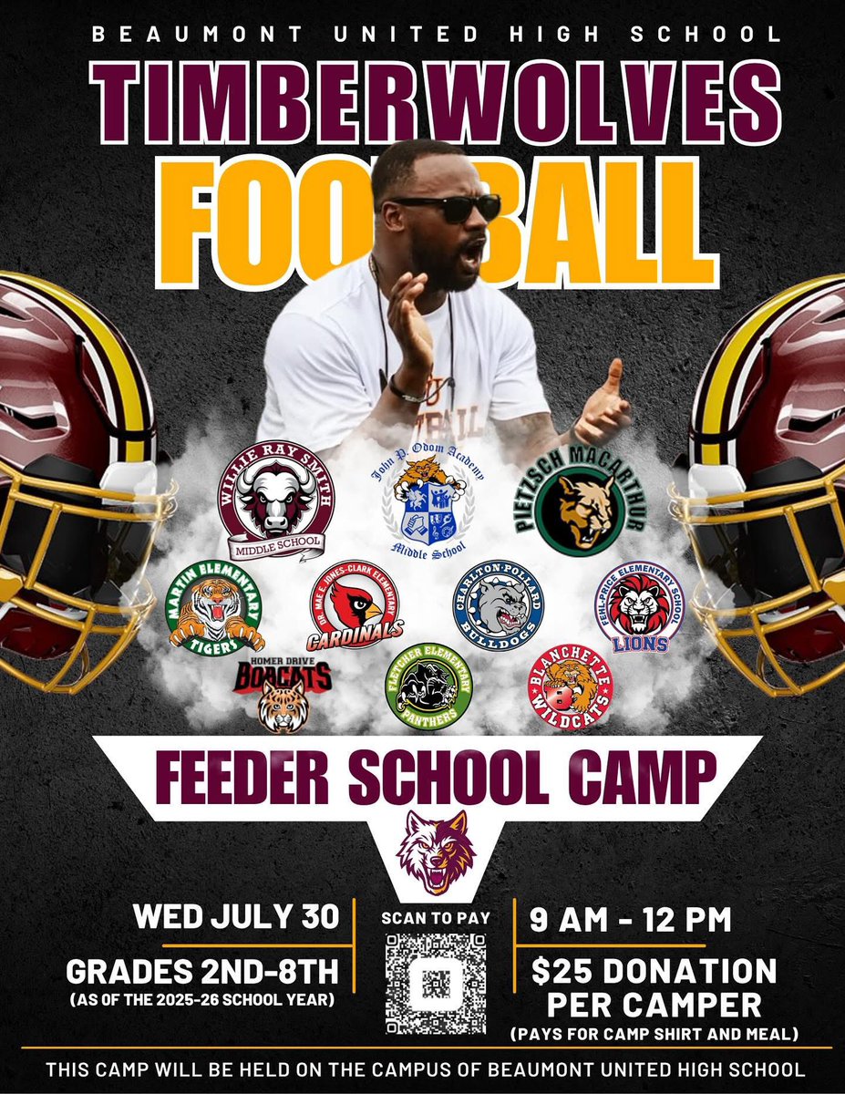 Matt Calvert (@coachcal87) on Twitter photo 🐺 BU Football Feeder Camp 🔥
📍 Future Timberwolves, we want to see YOU there!
💥 Financial assistance available — don’t let anything stop your child from joining.
📧 Questions or want to sponsor/volunteer? Email Coach Dre at Dwillia4@bmtisd.com
Let’s PACK IT OUT and #FindAWay 🐺 BU Football Feeder Camp 🔥
📍 Future Timberwolves, we want to see YOU there!
💥 Financial assistance available — don’t let anything stop your child from joining.
📧 Questions or want to sponsor/volunteer? Email Coach Dre at Dwillia4@bmtisd.com
Let’s PACK IT OUT and #FindAWay