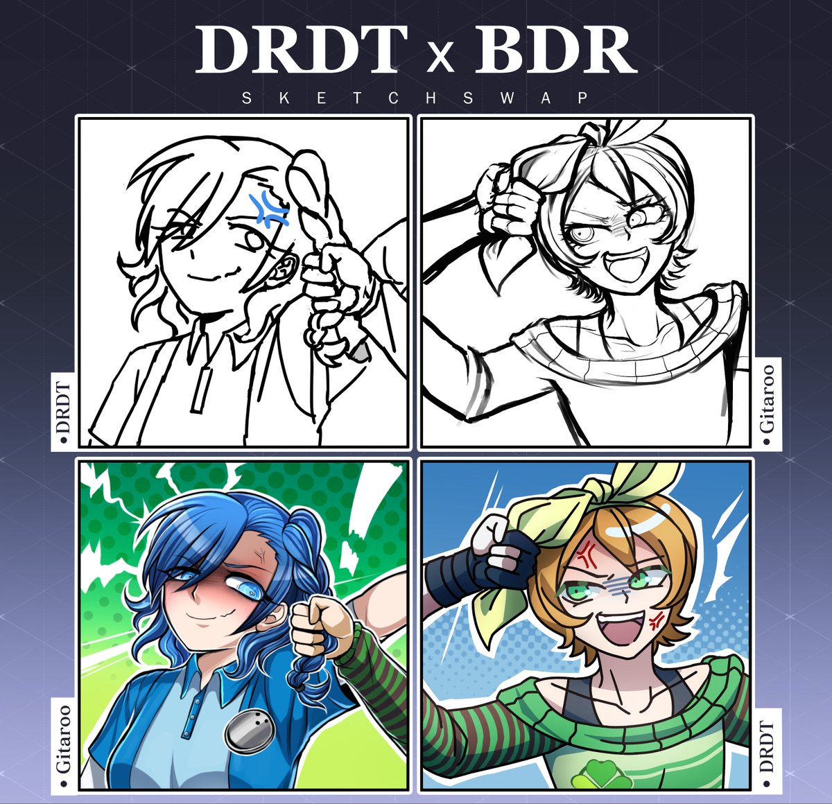 Gitaroo (@gitaroomain) on Twitter photo Sketch-swap Collab between me and <a href="/DespairTime/">Danganronpa: Despair Time</a>!
We each sketched our own characters, and gave it to the other to finish in our own style.
#fanganronpa #bravedanganronpa #drdt #despairtime Sketch-swap Collab between me and <a href="/DespairTime/">Danganronpa: Despair Time</a>!
We each sketched our own characters, and gave it to the other to finish in our own style.
#fanganronpa #bravedanganronpa #drdt #despairtime