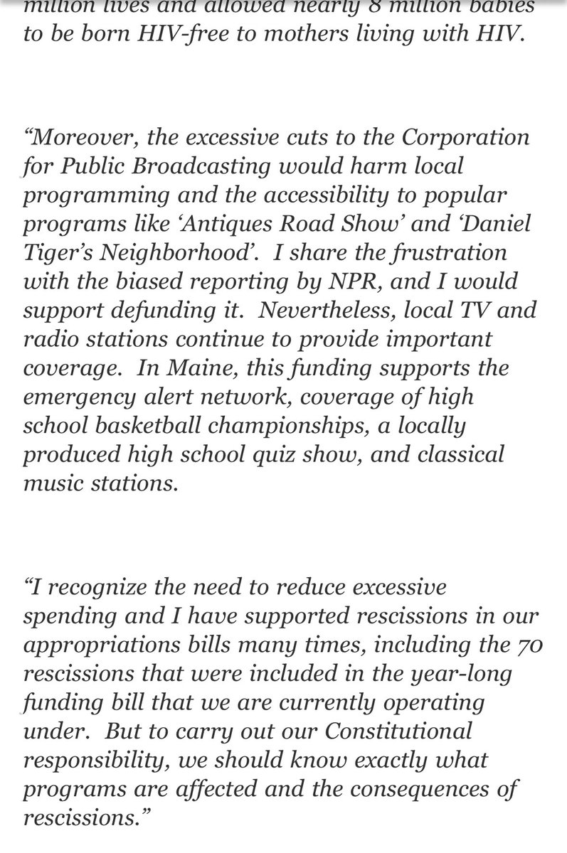 Vu_Reports's tweet image. Sen. Collins out with a long statement on her no vote, but key line here:
“The rescissions package has a big problem – nobody really knows what program reductions are in it.”
