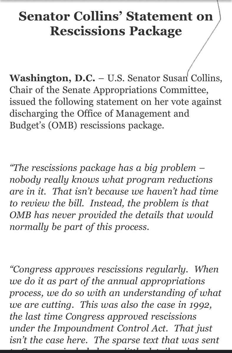 Vu_Reports's tweet image. Sen. Collins out with a long statement on her no vote, but key line here:
“The rescissions package has a big problem – nobody really knows what program reductions are in it.”
