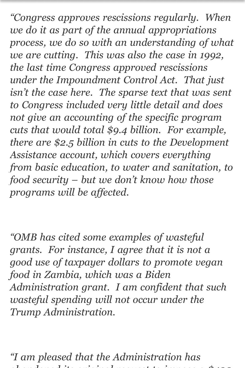 Vu_Reports's tweet image. Sen. Collins out with a long statement on her no vote, but key line here:
“The rescissions package has a big problem – nobody really knows what program reductions are in it.”