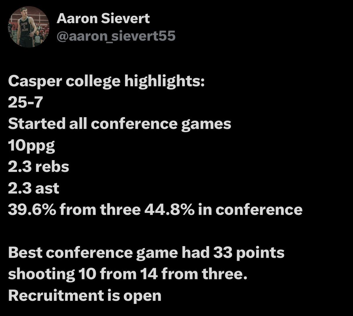 Oliver Clapp (@clappoliver1) on Twitter photo <a href="/StephenGHoops/">Stephen Gillaspie</a> dunno if your done with Juco players but Aaron Sievert (2026) worth a look went to Casper who had
Abdul Bashir - Auburn
Stephen Osei - Kansas state
Nate Sasser -Nicholls
Binael Basil - Wagner
Yel Deeng - Norfolk state
Ethan Connery - William & Mary
All go D1 <a href="/StephenGHoops/">Stephen Gillaspie</a> dunno if your done with Juco players but Aaron Sievert (2026) worth a look went to Casper who had
Abdul Bashir - Auburn
Stephen Osei - Kansas state
Nate Sasser -Nicholls
Binael Basil - Wagner
Yel Deeng - Norfolk state
Ethan Connery - William & Mary
All go D1