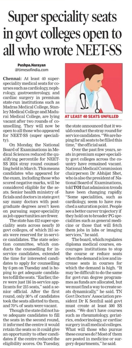 Toi_pushpa_n's tweet image. This yr doctors who join #cardiology #neurology #gastroenterology et al in med colleges, including premium govt institutions need one eligibility-- attendance in the qualifying exam #NEET-SS. The eligibility was brought below 0 as seats remain vacant @TOIChennai @timesofindia
