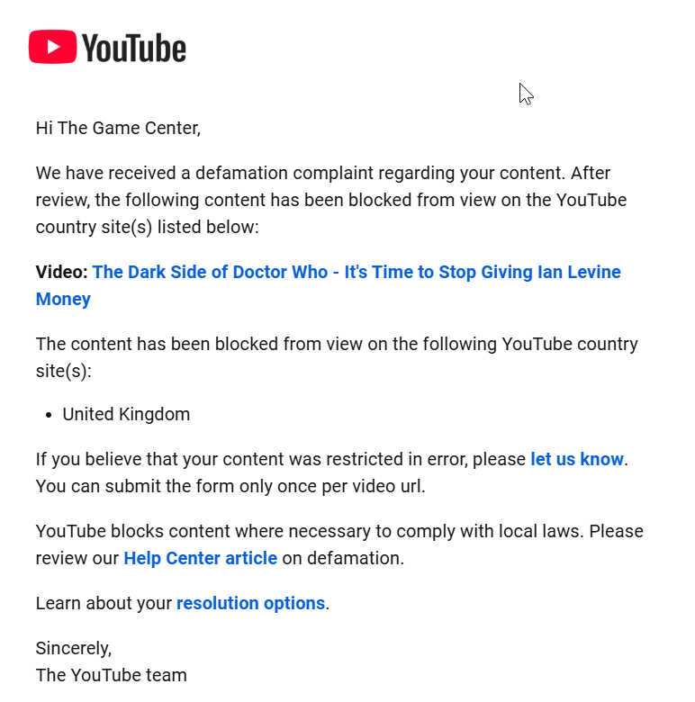TheGameCenter1's tweet image. More attempts by Ian Levine to stifle criticism. Luckily his complaint was ignored by Youtube and the video isn't blocked