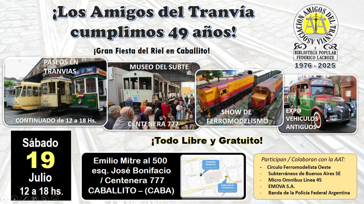 ATranvia's tweet image. 1976 - 16 de JULIO - 2025
49° Aniversario de la
Asociación Amigos del Tranvía
Compartimos con Uds. la alegría de haber alcanzado tamaño hito.
Los esperamos en Caballito el próximo Sábado 19/7, en horario especial de 12 a 18 para celebrar juntos!
E. Mitre y J. Bonifacio.
Gracias!