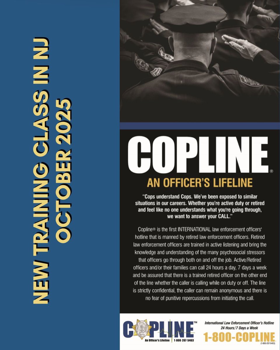 Apply for our next Active Listener Training Class for CopLine® — a lifeline for officers in crisis.
Training Dates: October 27–31, 2025 

Open to retired LEO's in good standing

The application process takes time so apply now to see if you're a fit:

 copline.org/volunteer