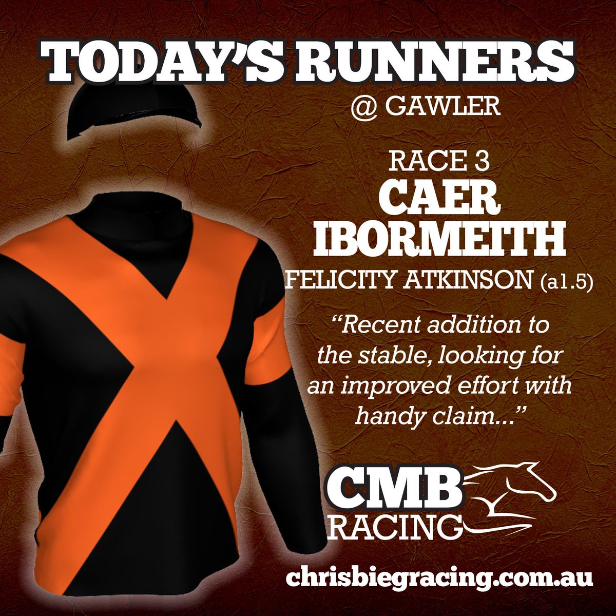 Chris Bieg Racing (@racingcmb) on Twitter photo We head to <a href="/Gawlerjockey/">Gawler Jockey Club</a> with CAER IBORMEITH in RACE 3
Recently joined the stables after only a fair run in Vic on the synthetic. Back on the grass today, looking for improved effort
Good luck to connections ππ§‘π€
<a href="/ChrisBieg/">Chris Bieg</a> <a href="/Flick_atkinson/">Felicity Atkinson</a> <a href="/CountryRacingSA/">Country Racing SA</a> <a href="/PtyThoroughbred/">Thoroughbred Solutions Pty Ltd</a> We head to <a href="/Gawlerjockey/">Gawler Jockey Club</a> with CAER IBORMEITH in RACE 3
Recently joined the stables after only a fair run in Vic on the synthetic. Back on the grass today, looking for improved effort
Good luck to connections ππ§‘π€
<a href="/ChrisBieg/">Chris Bieg</a> <a href="/Flick_atkinson/">Felicity Atkinson</a> <a href="/CountryRacingSA/">Country Racing SA</a> <a href="/PtyThoroughbred/">Thoroughbred Solutions Pty Ltd</a>