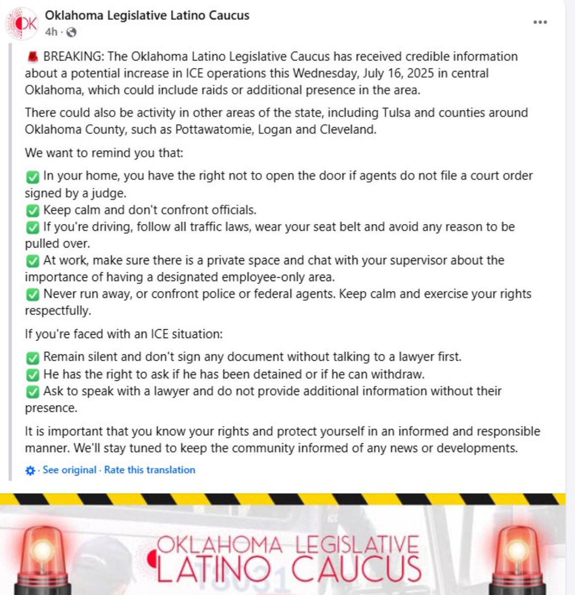 Heads up! 🚨 

Message from the Oklahoma Legislative Latino Caucus: 

TL;DR? 

🧊 warning for tomorrow and the next few days. 

👀 ⬇️