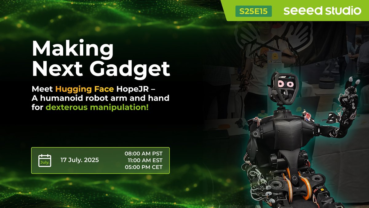Seeed Studio (@seeedstudio) on Twitter photo đ€ Meet #HopeJR â the latest open-source #robotics arm from Hugging Faceâs <a href="/LeRobotHF/">LeRobot</a> library! Livestream on YouTube: youtube.com/live/G6tt_8vjRâŠ
â
23-DOF arm+controller, teleoperated in real time
â
Powered by LeRobot's full robot learning stack
â
Featuring special guest <a href="/NepYope/">Martino Russi</a> đ€ Meet #HopeJR â the latest open-source #robotics arm from Hugging Faceâs <a href="/LeRobotHF/">LeRobot</a> library! Livestream on YouTube: youtube.com/live/G6tt_8vjRâŠ
â
23-DOF arm+controller, teleoperated in real time
â
Powered by LeRobot's full robot learning stack
â
Featuring special guest <a href="/NepYope/">Martino Russi</a>