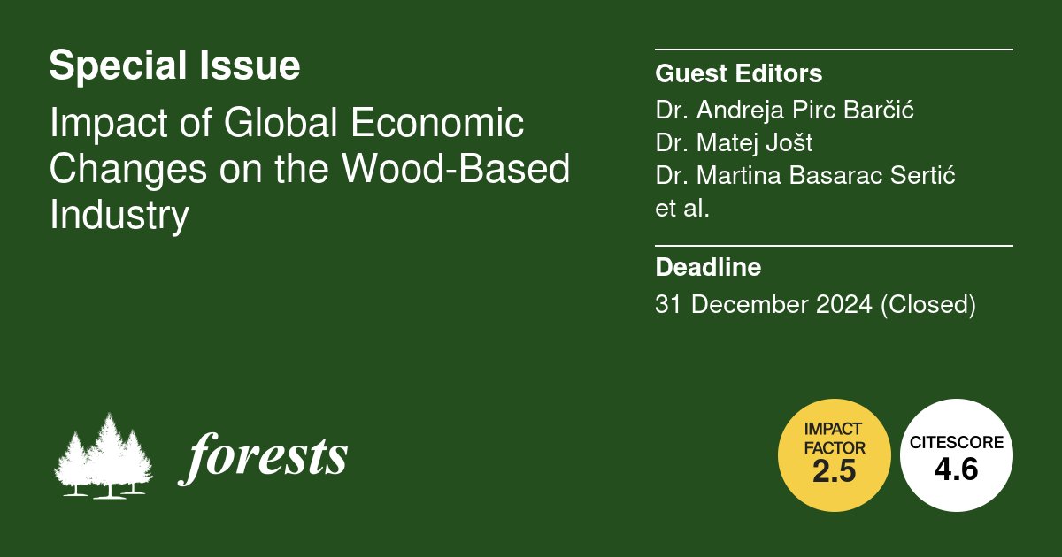 💐 #Forests Congratulations to Dr. Andreja Pirc Barčić, Dr. Matej Jošt, Dr. Martina Basarac Sertić and Dr. Daniela Ventsislavova Georgieva!

The Special Issue "Impact of Global Economic Changes on the Wood-Based Industry" has published 6 articles.

🔗 brnw.ch/21wUaNd