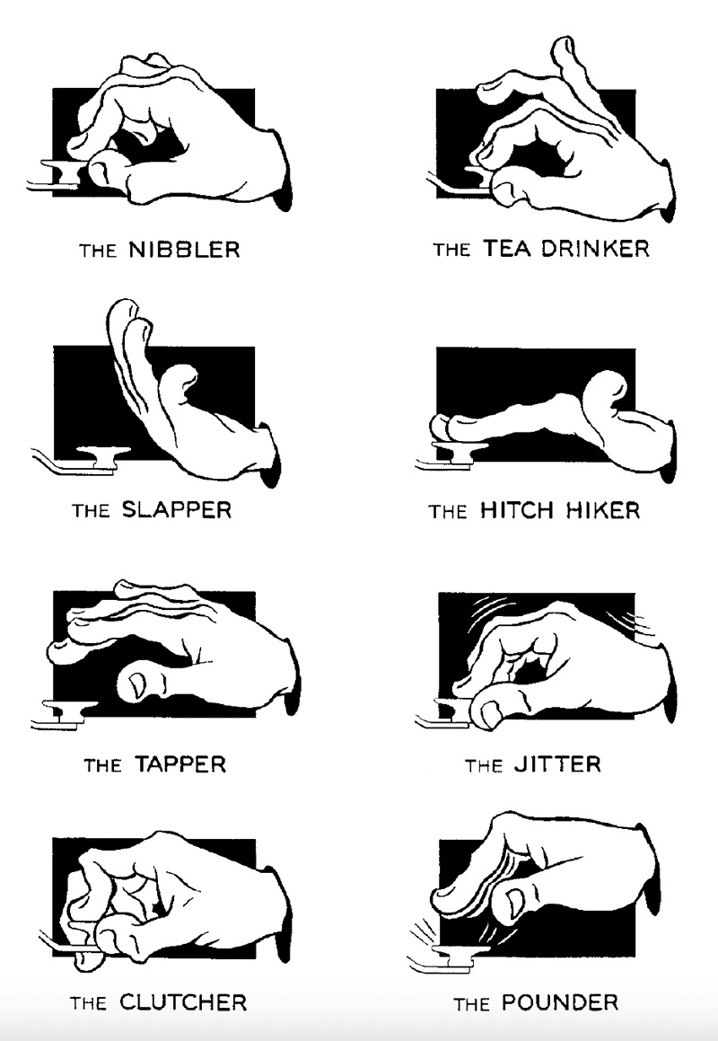 An illustration in an article on ‘‘Proper Sending Techniques’’ caricatured several undesirable styles for tapping out Morse code on a telegraph key. From MARS Bulletin, March 1952.