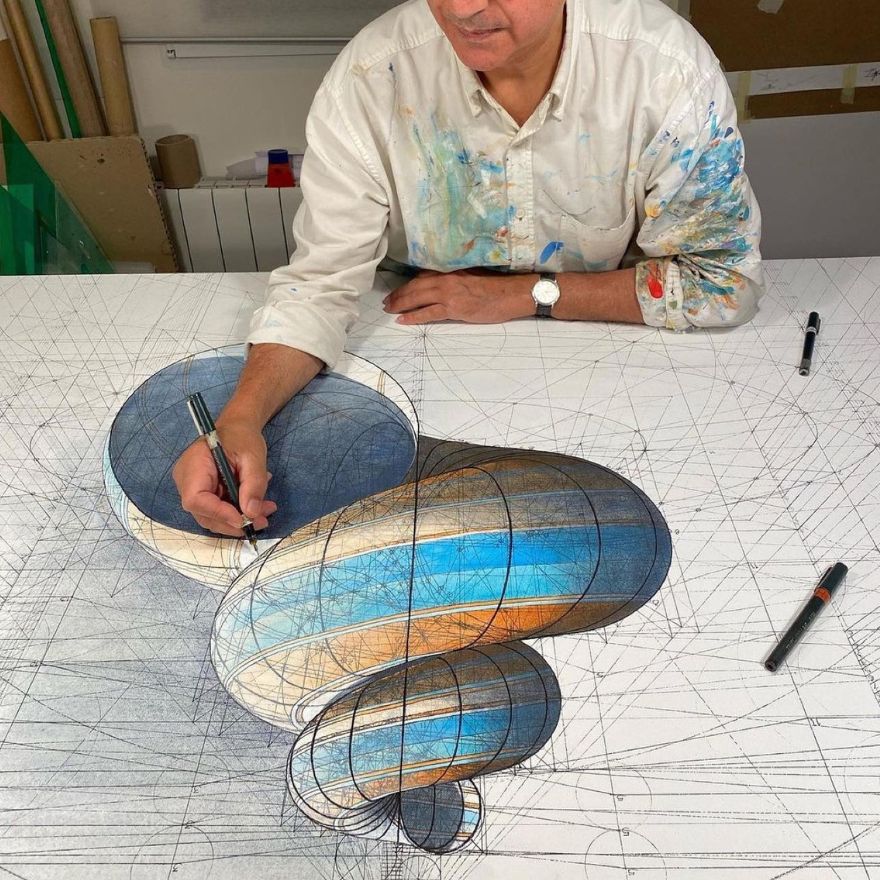 Rafael Araujo es un artista venezolano que dibuja figuras geométricas complejas o trazas de objetos en movimientos, pero deja todas las líneas de construcción del dibujo que tuvo que calcular para efectivamente hacerlo.

El arte como resultado, proceso y técnica.