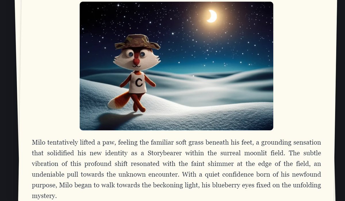 NguyenL40198462's tweet photo. Just created my page in @‌campnetworkxyz's Never Ending Story using @‌StoryChain_AI 📖 Continue Milo's story for a chance to win a @‌CampTrailHeads WL spot! #NeverEndingStory https://t.co/WDfyWxlBMD