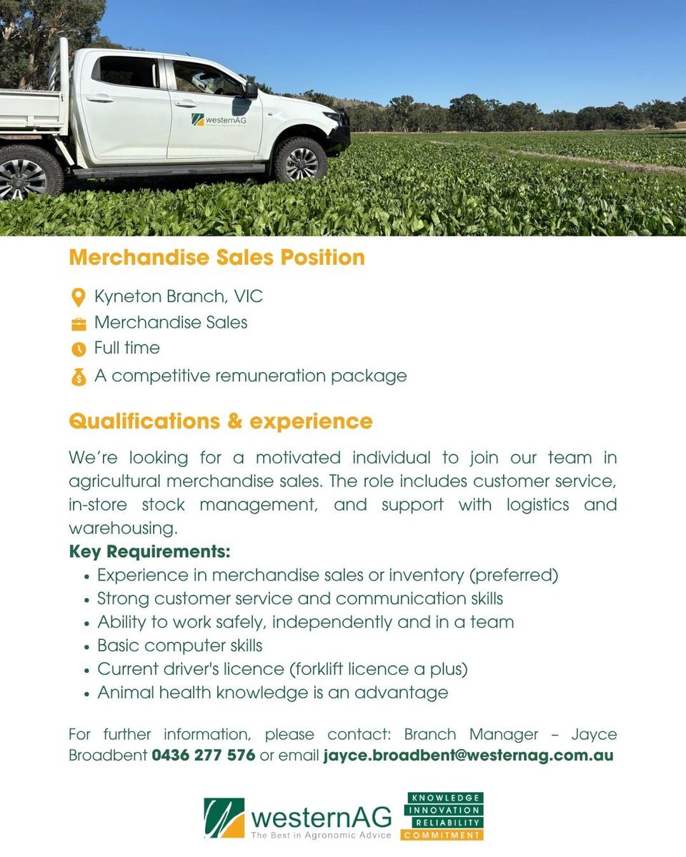 Now Hiring! Merchandise Sales (Kyneton Branch)

For more information, contact Branch Manager Jayce Broadbent on 0436 277 576 or 📧 jayce.broadbent@westernag.com.au
