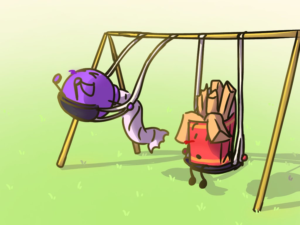 Darling_why_'s tweet image. // Bombfries, Bomby x Fries
Swings!! (I don't know what to do with my backgrounds other than just an empty field this is a PROBLEM..) #bfdi #bfdia