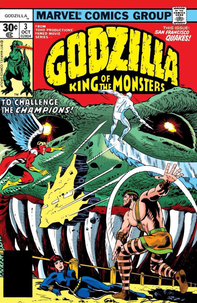 comicbookaddt's tweet photo. For #TitanTuesday, let's throw it back to this legendary matchup!
In GODZILLA #3 (1977) from @Marvel, the King of the Monsters took on The Champions (Hercules, Black Widow, Angel & Iceman) in San Francisco. Who do you think really wins this fight? ๐ค
#Godzilla #MarvelComics #RetroComics #TheChampions #Kaiju #ComicBooks #TuesdayThoughts @Marvel