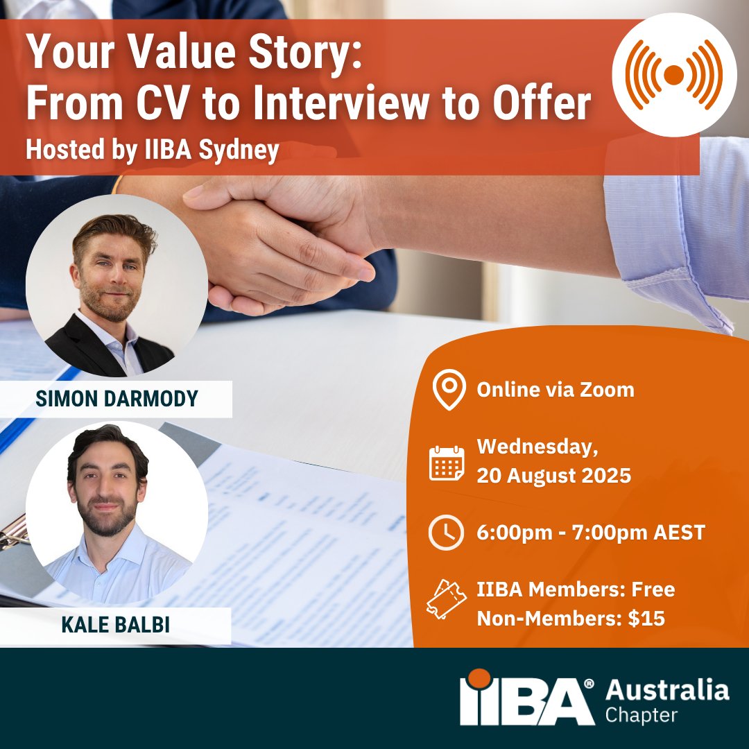 Join career coach Simon Darmody and tech recruiter Kale Balbi on Wednesday 20 August for a high-impact online session on how to reframe your career story, tailor your CV, and approach interviews using hiring panel logic. ow.ly/MrCC50Wo7Jy 

#IIBA #BusinessAnalyst #Online