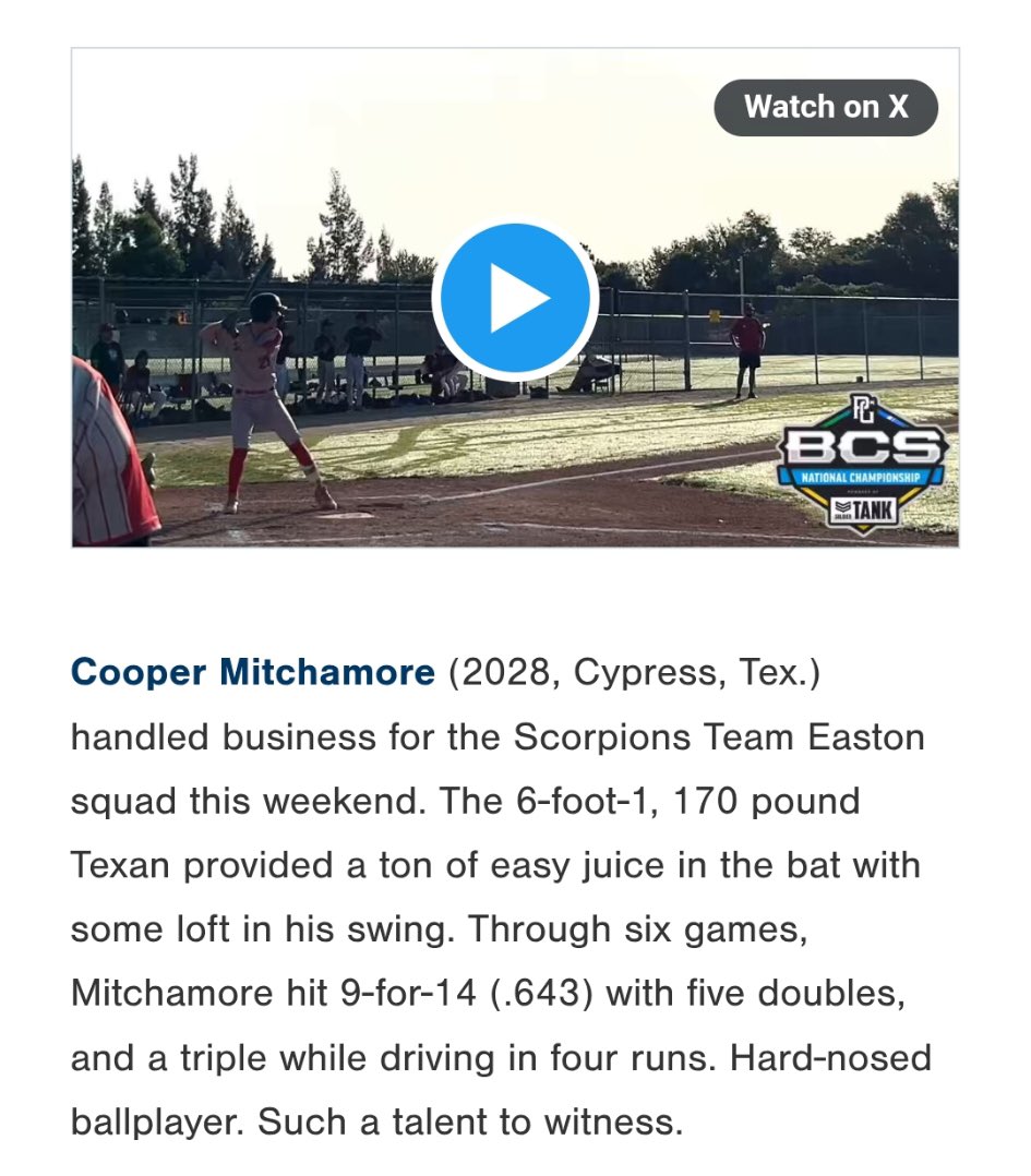 Cooper Mitchamore (@cooper_bsbl51) on Twitter photo Thank you for the write up Scout Notes Pt2. Had a great weekend competing <a href="/Florida_PG/">Perfect Game Florida</a> #BCS <a href="/Texas_PG/">Perfect Game Texas</a> <a href="/PG_Scouting/">Perfect Game Scout</a> <a href="/CRanchBaseball/">Cypress Ranch Baseball</a> <a href="/andreworr46/">Andrew Orr</a> <a href="/Coach_Wozniak/">Coach Conrad Wozniak</a> <a href="/LoneStarPrepsTX/">LoneStarPreps.com</a> <a href="/ScorpionsBsb1/">Scorpions HS Baseball</a> <a href="/texas_scouts/">Texas Baseball Scouts Association</a> <a href="/324Sports_/">324Sports</a> #2028Mustang <a href="/CoachDeggs28/">Coach Matt Deggs</a> <a href="/Ath_Dynasty/">The Athletic Academy</a> Thank you for the write up Scout Notes Pt2. Had a great weekend competing <a href="/Florida_PG/">Perfect Game Florida</a> #BCS <a href="/Texas_PG/">Perfect Game Texas</a> <a href="/PG_Scouting/">Perfect Game Scout</a> <a href="/CRanchBaseball/">Cypress Ranch Baseball</a> <a href="/andreworr46/">Andrew Orr</a> <a href="/Coach_Wozniak/">Coach Conrad Wozniak</a> <a href="/LoneStarPrepsTX/">LoneStarPreps.com</a> <a href="/ScorpionsBsb1/">Scorpions HS Baseball</a> <a href="/texas_scouts/">Texas Baseball Scouts Association</a> <a href="/324Sports_/">324Sports</a> #2028Mustang <a href="/CoachDeggs28/">Coach Matt Deggs</a> <a href="/Ath_Dynasty/">The Athletic Academy</a>