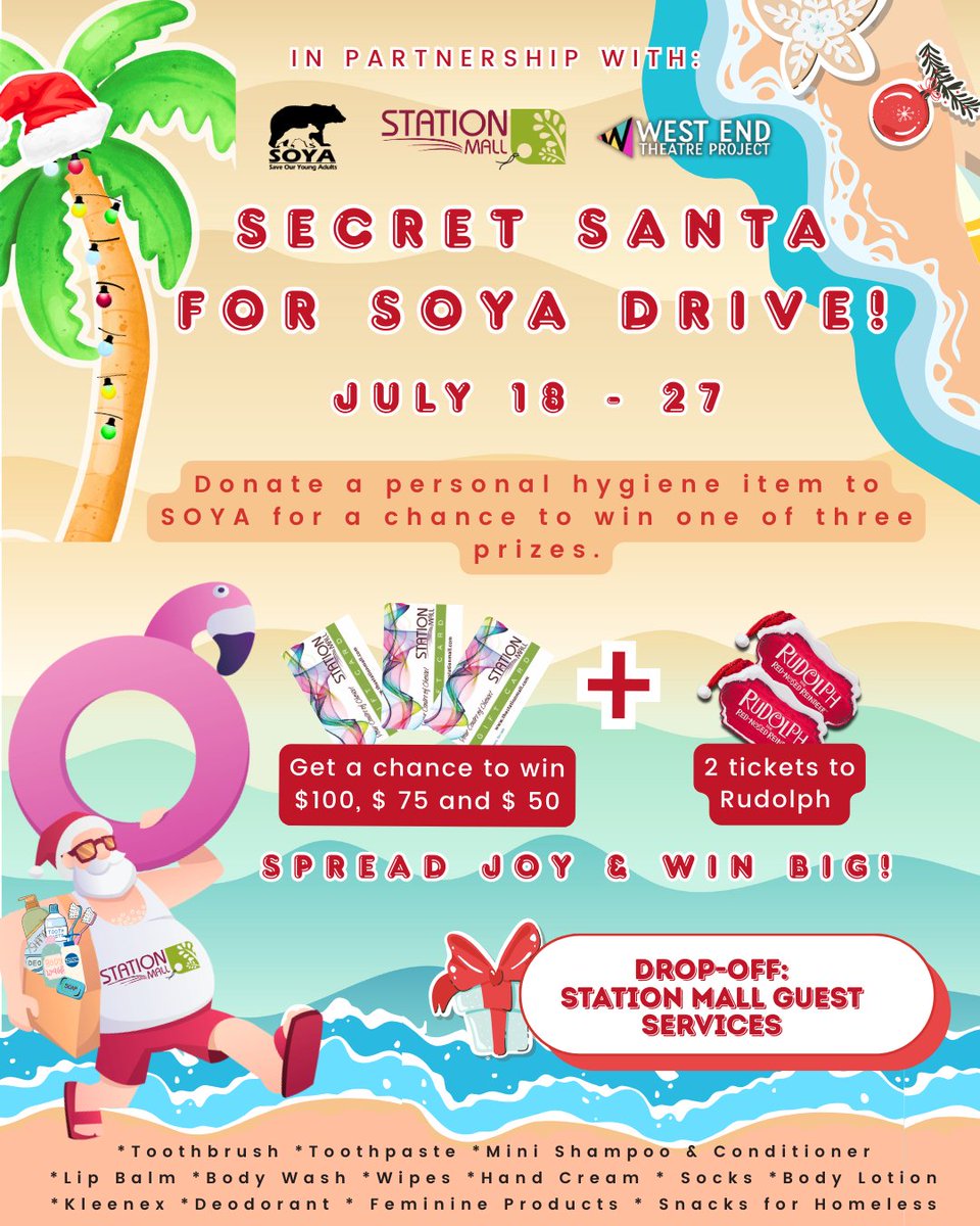 🎅 Be a Secret Santa this summer!
Donate an unopened hygiene item at Station Mall Guest Services (July 18–27) to support SOYA &amp; enter to WIN:
🎁 $100 / $75 / $50 gift cards + Rudolph tickets!
📍More info at our website
#SecretSantaForSOYA #ChristmasInJuly #GiveBack #StationMall