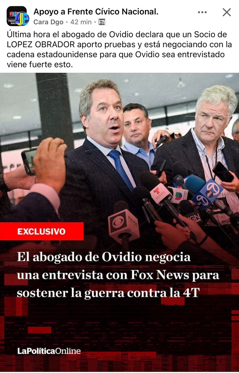 Raul Aragon Loya (@raularagonloya) on Twitter photo “Última hora el abogado de Ovidio declara que un Socio de
LOPEZ OBRADOR aporto pruebas y está negociando con la cadena estadounidense para que Ovidio sea entrevistado
viene fuerte esto.
EXCLUSIVO” “Última hora el abogado de Ovidio declara que un Socio de
LOPEZ OBRADOR aporto pruebas y está negociando con la cadena estadounidense para que Ovidio sea entrevistado
viene fuerte esto.
EXCLUSIVO”